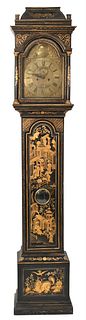 Henry Thornton Oak Tall Clock chinoiserie decorated having domed top over tombstone glass with columns over arch top door all set on plain base brass 