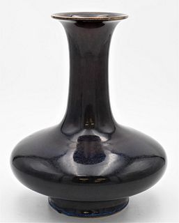 Flambe Glazed Vase
having flared trumpet neck over squat body, all in purple/blue glaze color
height 11 inches