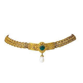 ARCHAEOLOGICAL REVIVAL GOLD, EMERALD AND PEARL COLLAR