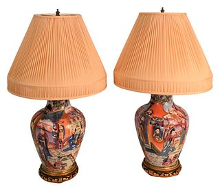 Pair of Chinese Porcelain Vases
having painted courtyard scene with scholar figures and landscape background
made into table lamps
old repair
vase hei