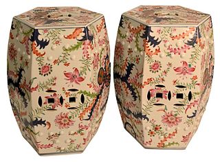 Pair of Famille Rose Garden Seats
painted with stylized fern or tobacco leaf design
height 18 1/2 inches