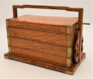 Three Tier Hongmu Picnic or Lunch Box
comprising a cover and shallow upper tray, held on a base frame with two side posts flanked by scrolling spandre