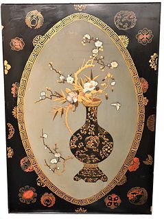 Pair of Inlaid Lacquer Panels
in vertical rectangular form having heavy gold, bone, and mother of pearl inlays
depicting a Chinese vase with flowers a