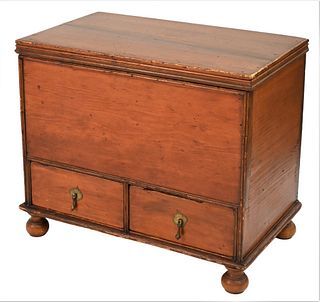 Diminutive Queen Anne Lift Top Chest
having two drawers set on replaced ball feet
height 18 1/2 inches, top 13 x 21 1/4 inches
Provenance: Fifty Year 