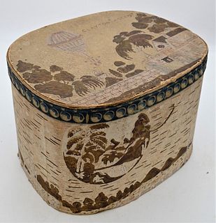 Wallpaper Hat Box
"Claytons Ascent with Air Balloon"
height 10 1/2 inches, top 12 1/2 x 16 inches
Provenance: Fifty Year Personal Collection of Clocks