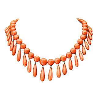 VICTORIAN CORAL AND 18K GOLD FRINGE NECKLACE
