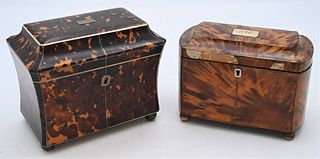 Two Tortoise Shell Tea Boxesone silver inlaid on ball feet the other as is with opening to double interior compartmentslargest height 6 1/8 inches, l
