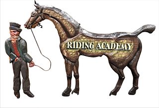 Horse and Jockey "Riding Academy" Standing Sign
carved and painted wood
circa 1840 or later
height 56 inches, length 78 inches