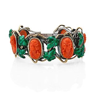 FRENCH CORAL, CAMEO & ENAMELED SILVER IVY BRACELET