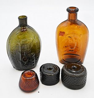 Five Blown Glass Items
to include three inkwells, a flask with an eagle on a shield on one side and a flag on the opposite side, along with a flask wi
