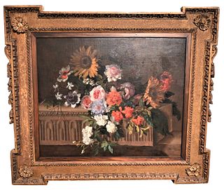 Attributed to Jean Baptiste Monnoyer
French, 1636 - 1699
still life with sunflowers, peonies and wildflowers
oil on relined canvas
unsigned
in old or 