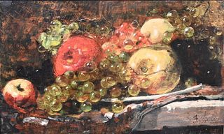Francois Vernay
French, 1821 - 1896
still life with apples and grapes
oil on board
signed lower right "F. Vernay", remanence of still life sketch on b