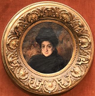 American School
19th century
round portrait of a Victorian woman seated with a veil
oil on canvas
signed indistinctly and dated lower right T. Kpeve..