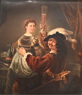 Large KPM Porcelain Plaque
depicting Rembrandt and his wife in the scene of the Prodigal Son in the tavern
stamped KPM on the reverse
15 1/2 x 13 1/2 