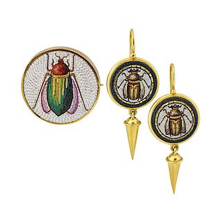 INSECT MICROMOSAIC GOLD EARRINGS AND BROOCH