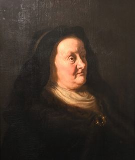 Follower of Salomon Koninck
Dutch, 1609 - 1656
portrait of an elderly woman
oil on panel 
18th century or later
unsigned
having partial label adhered 