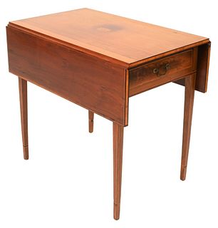 Federal Mahogany Pembroke Table
having a drawer on inlaid square tapered legs, top with oval floral inlay
circa 1800
sunbleached
height 28 1/2 inches,