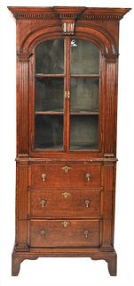 George II Oak Secretaire in Two Parts having dentil molded cornice over two arched doors and flanked by pilasters and lower section having three drawe