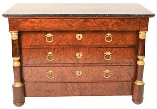Empire Mahogany Chest having black marble top over four drawers flanked by gilt bronze mounted columns height 35 1/2 inches, top 23 x 51 1/4 inches Pu