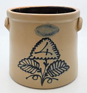 S. Burger Rochester New York Stoneware Crock
four gallon
having blue flower and two handles
height 11 inches
Provenance: Estate of Bruce Sasalla, East