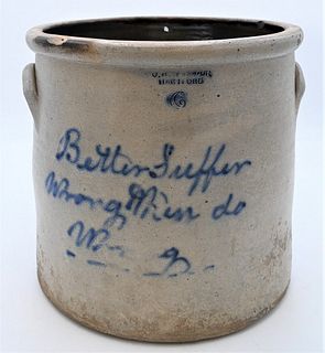 O.H. Seymour Hartford
six gallon crock written in blue "Better Suffer Wrong than do Wrong" from a statement from Samuel Harrison to James Madison
heig