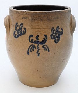 Two Gallon Stoneware Crock 
having two handles with cobalt decoration
height 10 1/2 inches
Provenance: Estate of Bruce Sasalla, East Hartford, Connect
