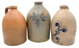 Three Stoneware Jugs
to include three gallon Somerset Pottery Works;
two gallon Seymour Brothers, Hartford;
along with one unmarked two gallon with bl