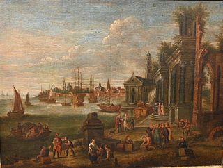 Italian School
port and market in Italy
18th century
oil on relined canvas
unsigned
17 1/4 x 23 inches