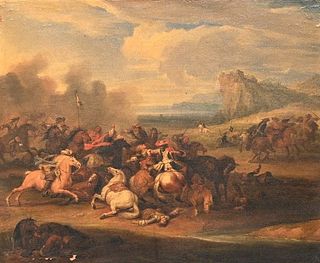 Attributed to Adam Frans Van Der Meulen
1632 - 1690
Battle Scene with Calvary
oil on canvas
17th century or later
unsigned
18 3/4 x 22 1/2
