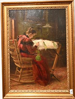 James Brade Sword
American, 1839 - 1915
interior scene having woman at a loom 
oil on canvas
signed lower right "J.B. Sword"
28 x 20 inches