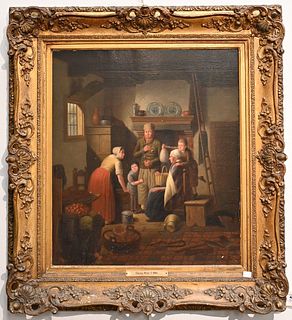 Continental School
19th century
interior scene having family of five 
oil on panel
unsigned
having frame plaque marked "Georg Wust 1886"
21 x 18 inche