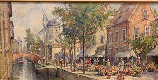 Arthur Vidal Diehl
American/British, 1870 - 1929
canal scene having windmill in the background
oil on board
signed and dated lower left "Arthur V. Die