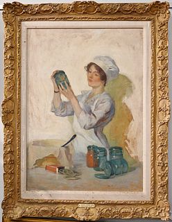 Attributed to William Chadwick
American, 1879 - 1962
"Gertrude Canning"
oil on board, cradled back
unsigned
34 x 24 inches
sold 1994 Mystic Fine Arts
