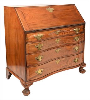 Chippendale Mahogany Deskhaving slant lid over four oxbow drawers, all set on large ball an claw feet, interior with drawers, pigeon holes and door