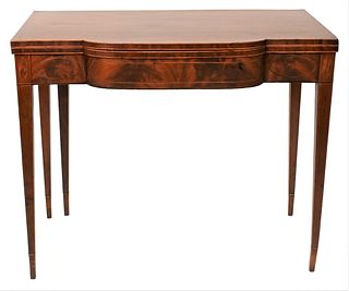 Federal Mahogany Game Table
having panel inlays set on square tapered legs, impressed signature CLAY
circa 1800
restored
height 30 inches, width 36 in
