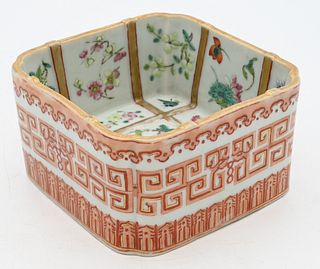 Chinese Famille Rose Porcelain Square Dish
interior painted in nine panels with wild flowers, exterior painted with iron red geometric dragon design, 