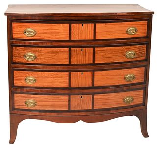 Federal Cherry Bow Front Chest having 12 panel satinwood inlaid drawers top slightly warped, cracks height 77 inches, width 39 inches, top 18 x 40 inc