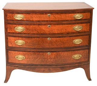 Federal Mahogany Chest
having bowed front, four birdseye maple drawers with mahogany surrounds set of flared French feet
circa 1790
height 36 inches, 