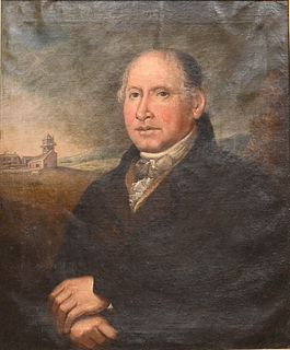 British School
18th century
portrait of Captain George Haugh
1781
in front of ocean and lighthouse
oil on canvas
titled and dated on the reverse "Capt