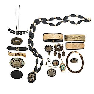 COLLECTION OF VICTORIAN MOURNING JEWELRY, INCL. GOLD