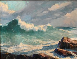 Gordon Grant
British/American, 1875 - 1962
Waves Crashing on the Rocks
signed lower left "Gordon Grant"
oil on canvas
28 x 36 inches