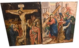 Set of Three Religious Oils on Canvas
mounted on panels
18th century or later
to include two depicting Jesus carrying the cross along with one of Jesu