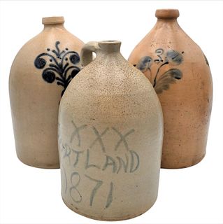 Three Stoneware Jugs
one marked Portland, 1871, XXX
two having blue decoration designs
tallest height 16 1/2 inches
Provenance: Estate of Bruce Sasall
