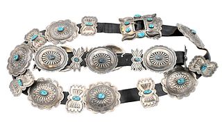 Two Piece Lotto include large leather belt mounted with 14 silver medallions with turquoise to include signed buckle having W plus B on its sidealong