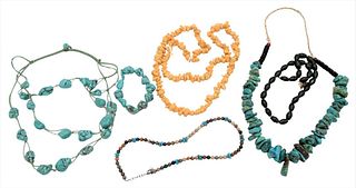 Six Piece Lot to include 2 turquoise nuggets necklaces and one bracelet, along with three bead necklaces