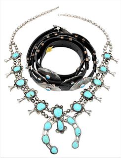 Two Piece Lotto include Dick Muller leather belt mounted with oval silver mounts with turquoisealong with silver squash blossom necklace mounted with