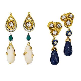 DIAMOND AND GEM-SET 14K GOLD EARRING SUITE