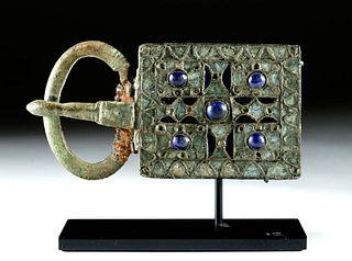 5th C. Visigoth Bronze Buckle, Blue Glass Inlays