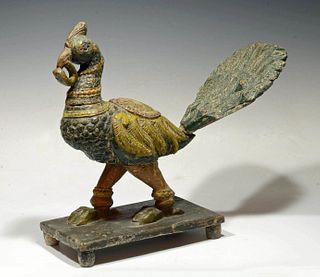 19th C. Indian Polychrome Wood Peacock Statue