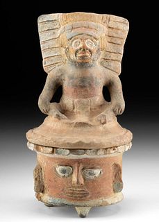 Fine Maya Pottery Cache Vessel w/ Trophy Head & Shaman